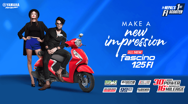 Two stylish individuals stand beside a red yamaha fascino 125 fi scooter, with text highlighting it as nepal's 1st fi scooter, emphasizing its new features and sleek design to "make a new impression.