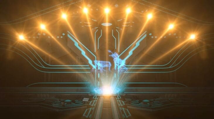Digital resurrection: a luminous figure emerges from a high-tech platform, with intricate circuits and radiant energy converging upon the rebirth of a futuristic being.