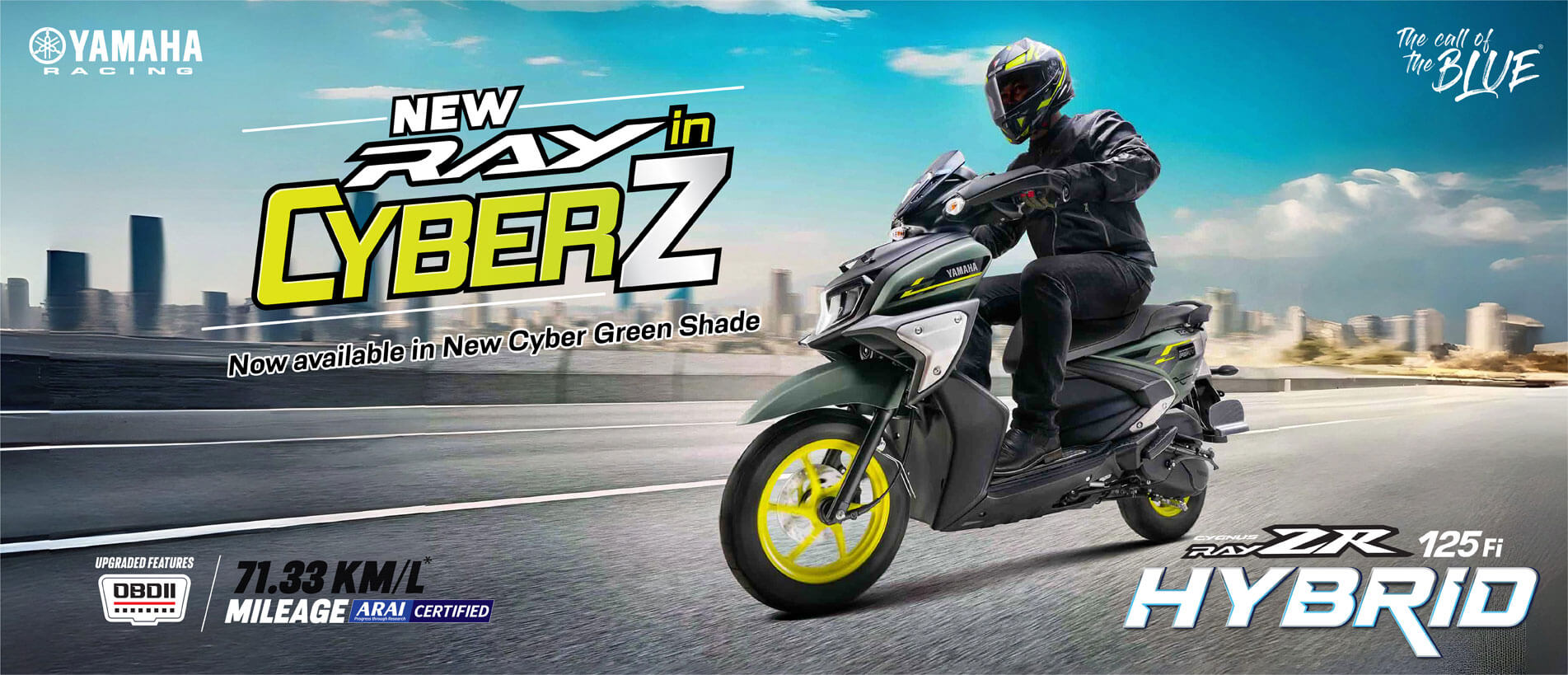 Yamaha Ray ZR 125 Fi Hybrid motorcycle in Cyber Green shade with rider on a road.