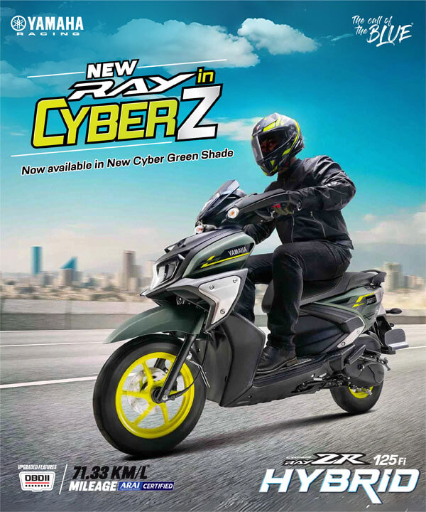 Yamaha Ray Z Hybrid scooter in Cyber Green color with a rider wearing a helmet and protective gear.