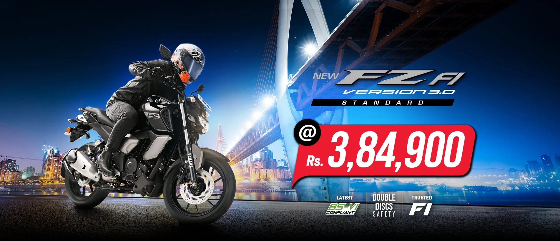 Yamaha FZ FI Version 3.0 Standard motorcycle displayed with a cityscape background.