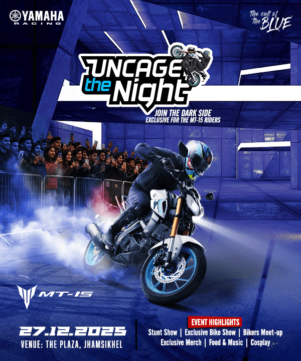 Promotional poster for Yamaha MT-15 motorcycle event featuring a rider performing a stunt on a motorcycle.