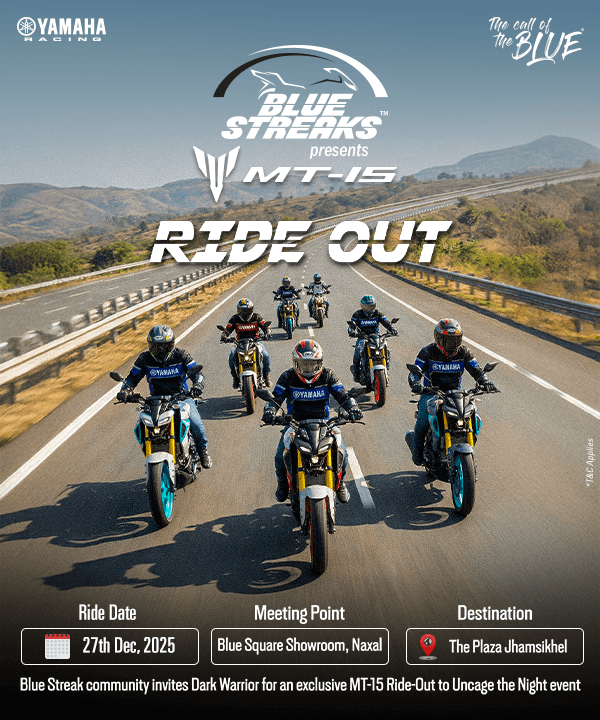 Poster for the MT-15 Ride Out event featuring multiple riders on Yamaha motorcycles on a highway.