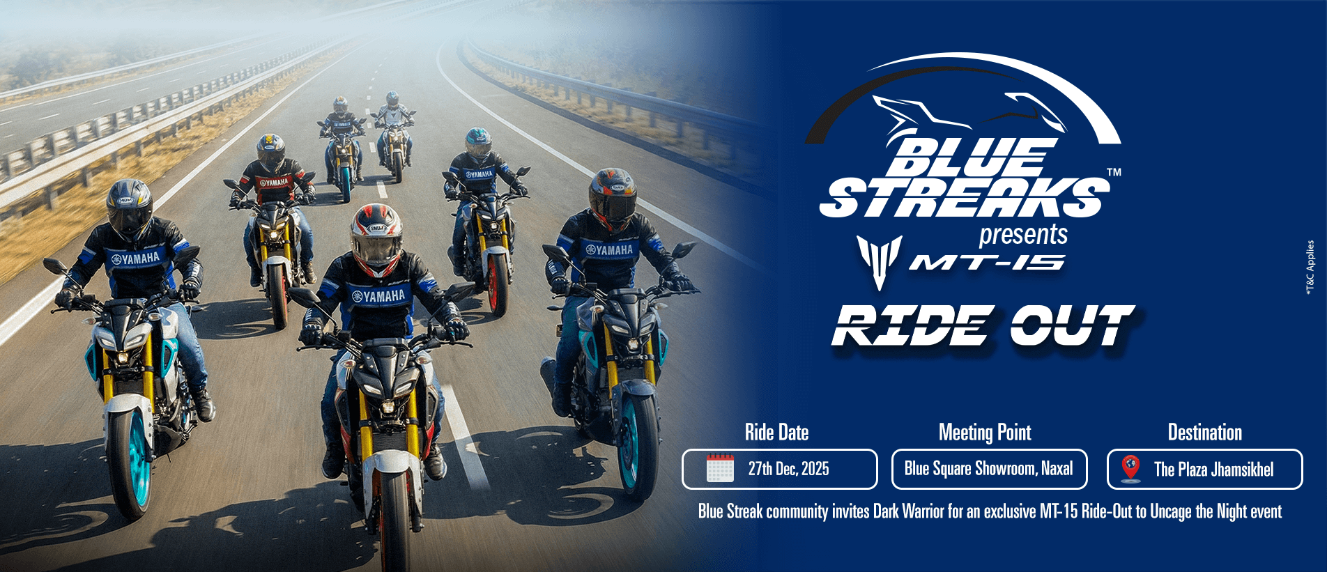 Banner for Yamaha MT-15 Ride Out event featuring multiple riders on motorcycles on a highway.