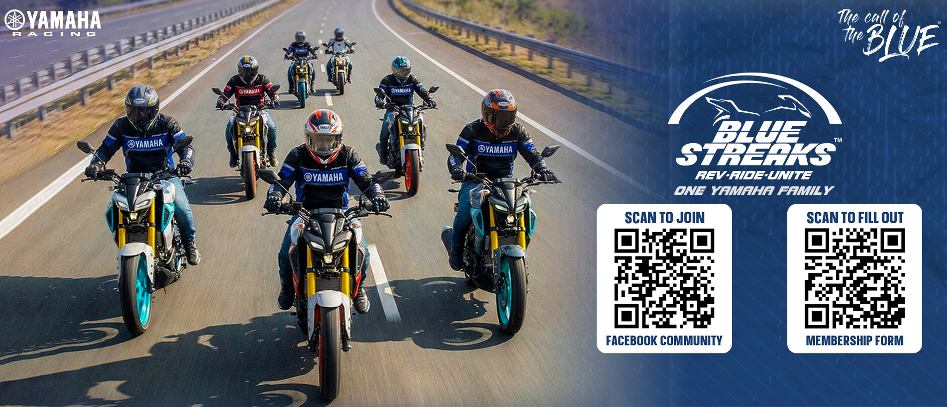 Group of riders on Yamaha motorcycles riding on a highway with a clear sky.