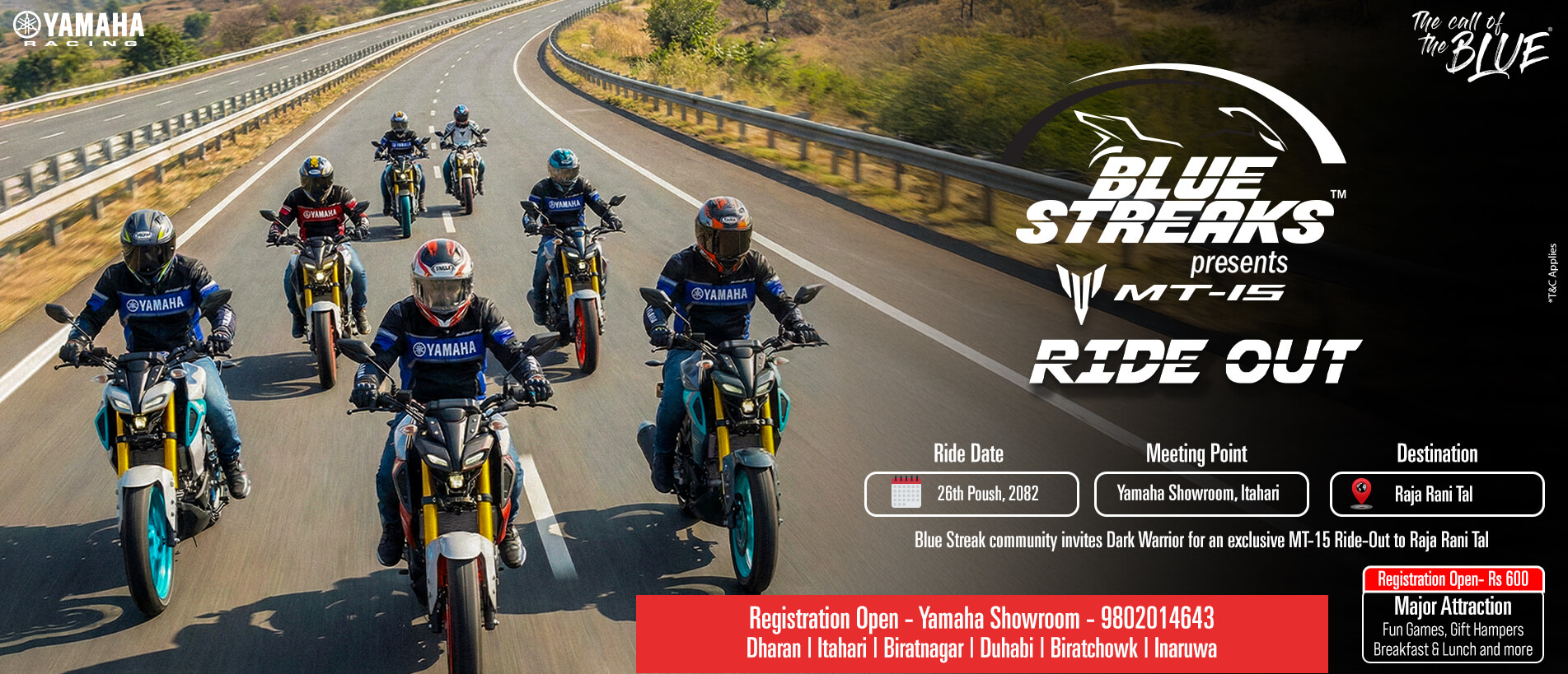 Group of riders participating in a Yamaha MT-15 ride event on a winding road.