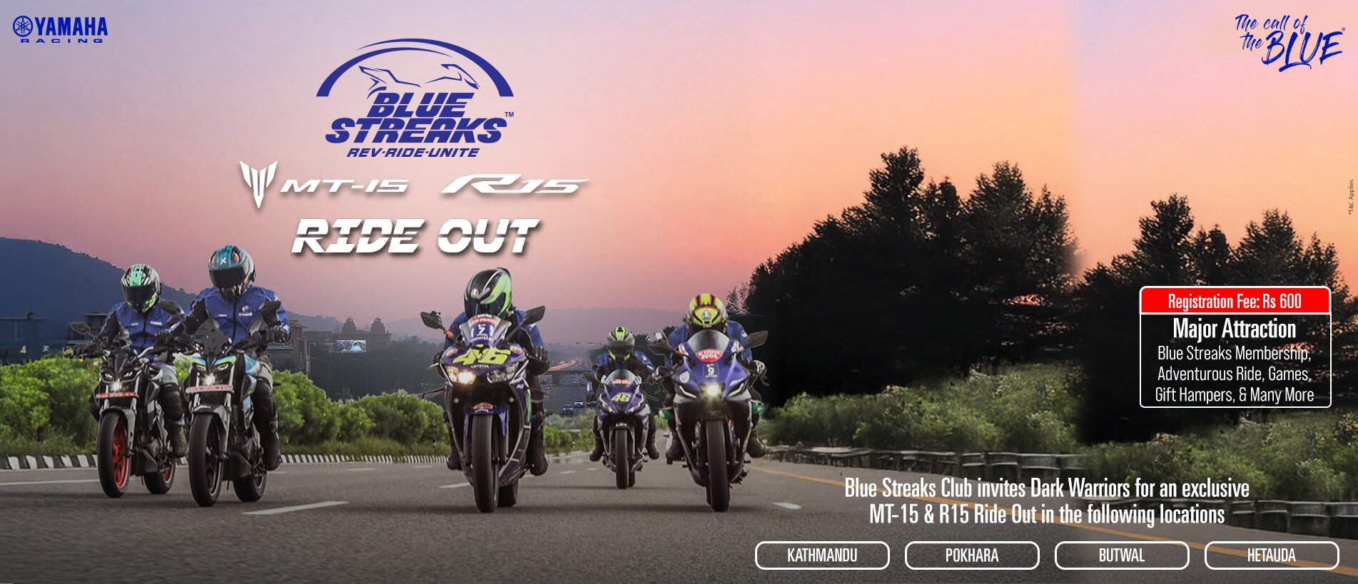 Banner for Yamaha Blue Streaks Ride Out event featuring multiple Yamaha motorcycles on a road.