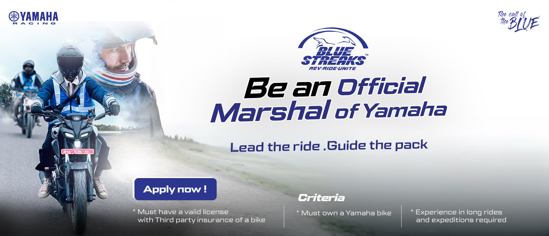 Promotional banner for Yamaha's Blue Streaks program inviting individuals to become official marshals.