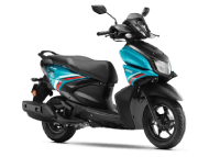 Side view of a Yamaha scooter in blue cyan with a black seat, exhaust, and wheels, highlighting its compact urban motorcycle design