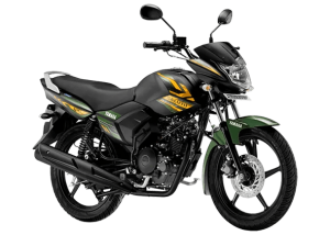 Saluto 125CC motorcycle with green and black color scheme, front disc brake, dual-tone body, and Yamaha branding