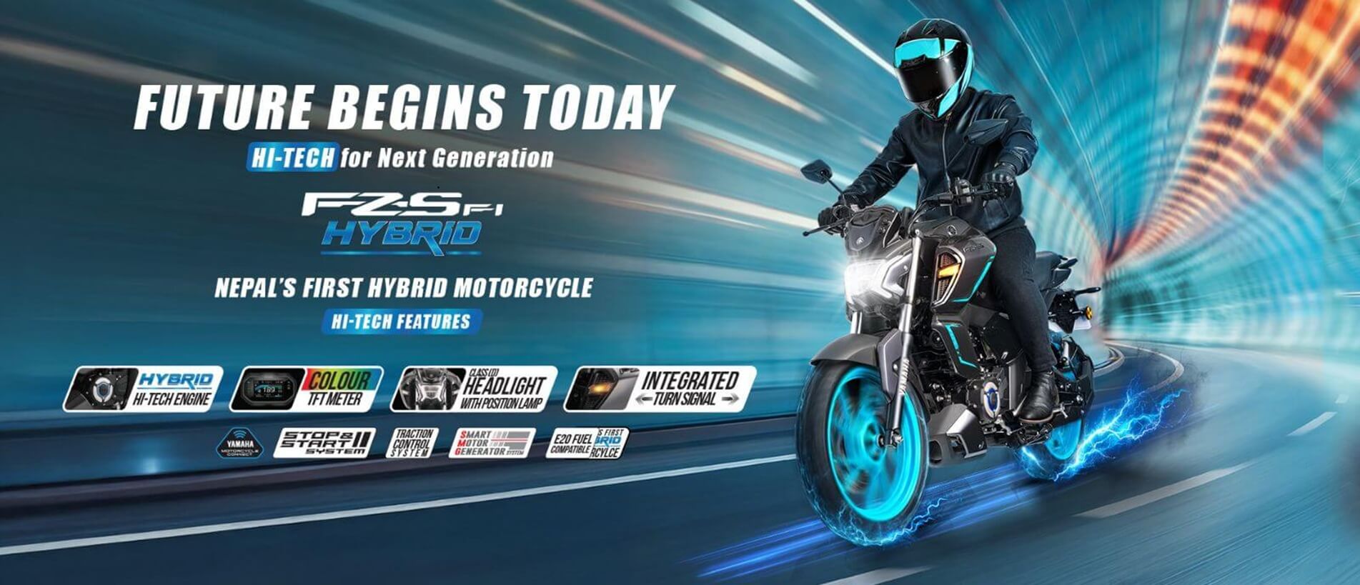 Yamaha FZS Hybrid motorcycle riding through a blue neon tunnel; rider wears black suit and turquoise helmet, illuminated blue wheels and high-tech features