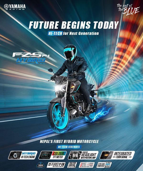 Yamaha FZS Hybrid motorcycle in black, with blue accents and neon blue wheel glow racing through a neon tunnel
