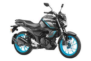 Yamaha motorcycle with a grey body and cyan accents, featuring bright blue rims and a modern naked-sport design