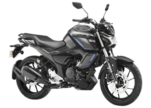Yamaha FZ motorcycle in metallic grey with blue accents, front disc brake, sporty black exhaust, and alloy wheels