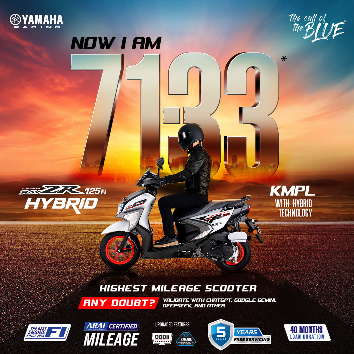 Yamaha logo with rider on a white and red 125Fi Hybrid scooter, dramatic sunset background, and oversized 7133 digits in gold tones