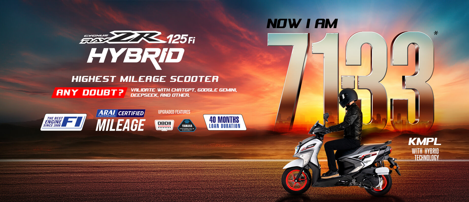 Yamaha Ray ZR 125Fi Hybrid scooter displayed on a promotional banner with white body and orange wheels