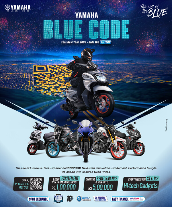 Yamaha Blue Code poster featuring a rider on a white-gray scooter against a blue fireworks-filled backdrop, with a lineup of Yamaha scooters below
