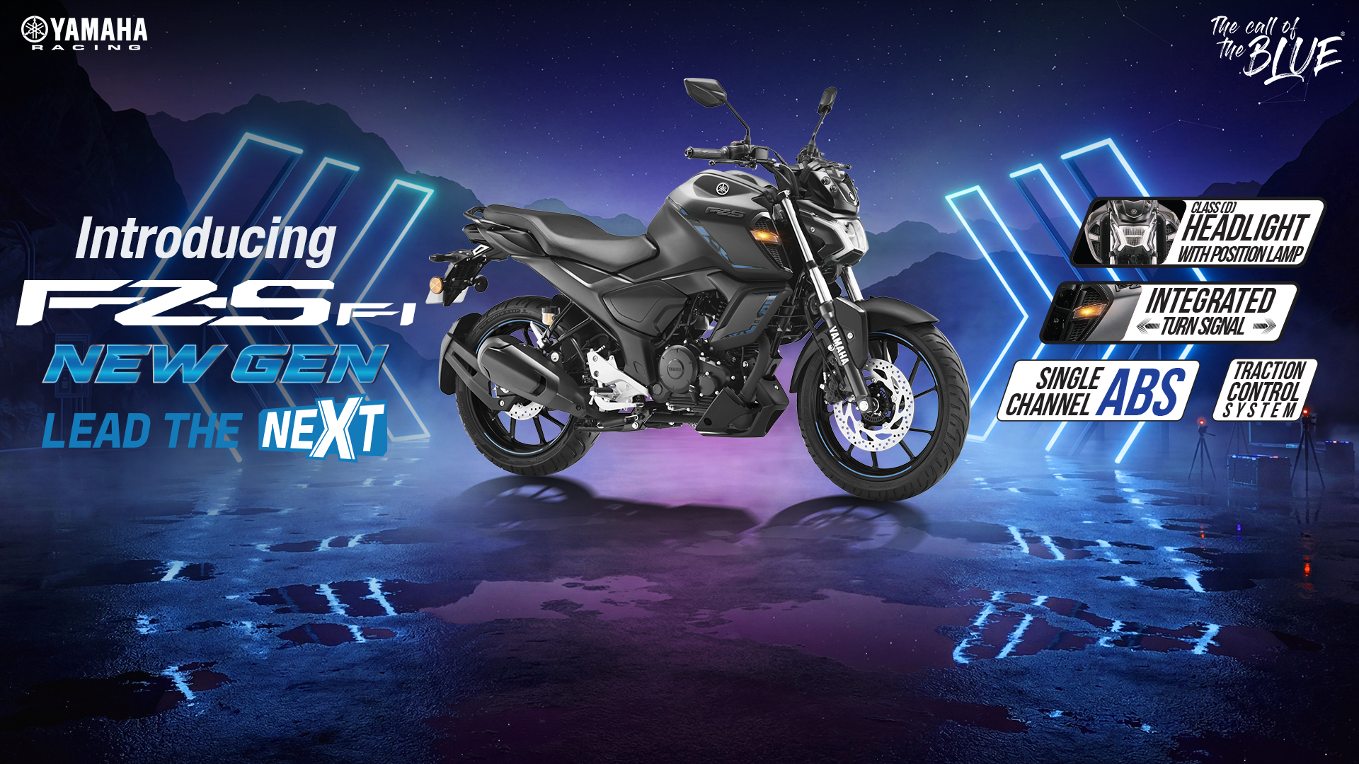 Yamaha FZ-fi New Gen motorcycle with neon blue accents, integrated turn signal, class leading LED headlight, single channel ABS and traction control system