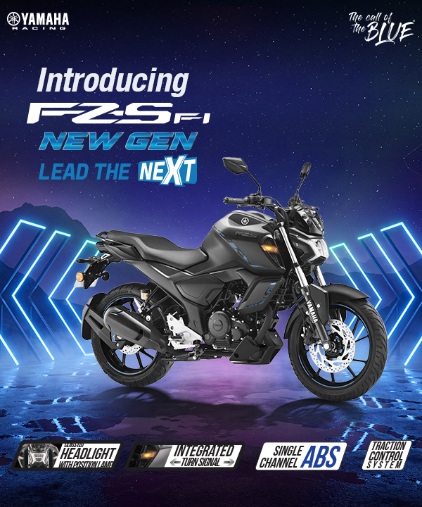 A Yamaha FZS-P New Gen motorcycle poster with bold launch text, blue neon lighting, and a sharp black-and-silver sport bike on display.