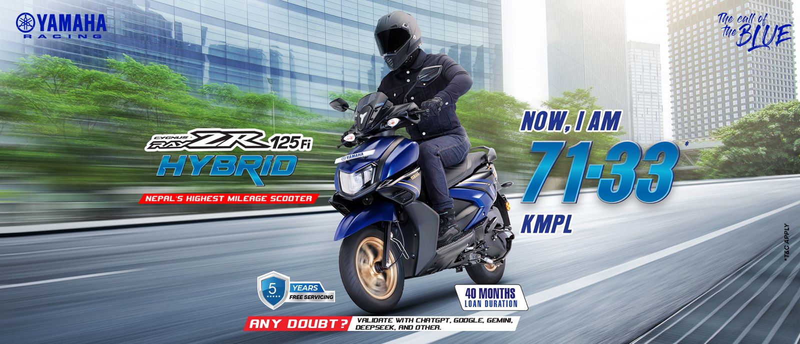 Blue Yamaha Cygnus 125 Fi Hybrid scooter with rider and on-screen text stating 71–33 KMPL and Nepal’s highest mileage scooter.