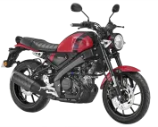 Yamaha XSR155 motorcycle with a red fuel tank, black frame, and round headlight is shown in a side view.