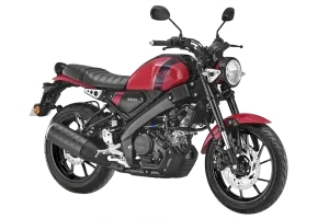 Yamaha XSR155 motorcycle with a red fuel tank, black frame, and round headlight is shown in a side view.
