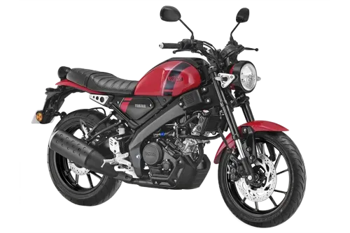 Yamaha XSR155 motorcycle with a red fuel tank, black frame, and round headlight is shown in a side view.
